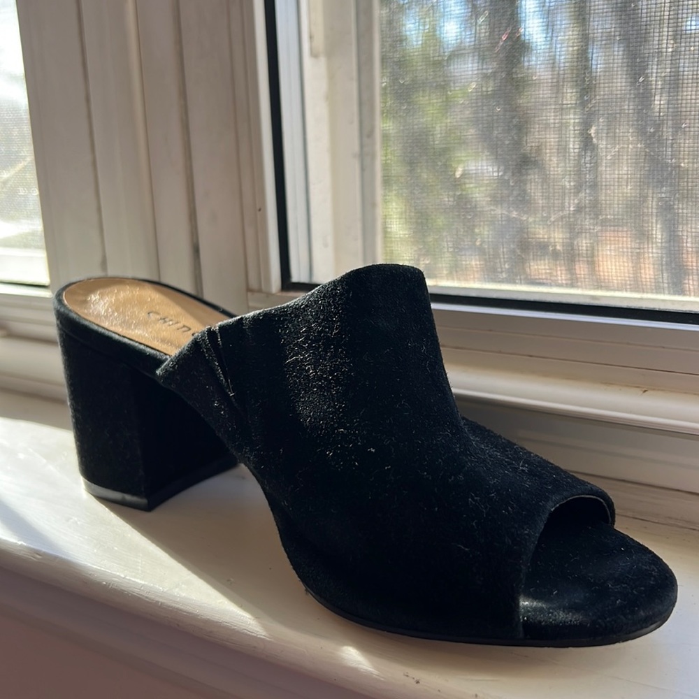 Chinese Laundry black suede sandal mules, with low heel.